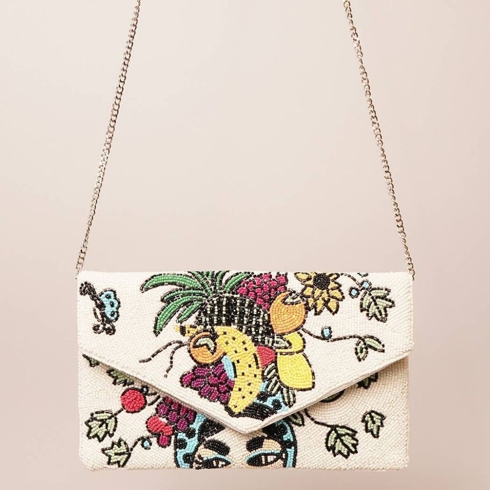 Seed Beaded Fruit Leaf Rectangle Crossbody Bag with Silver Chain
